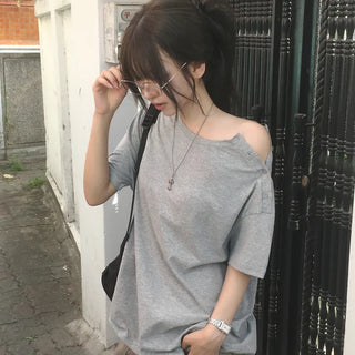 Effortlessly chic, Round Neck Button Diagonal Slit Boxy Loose Oversized Plain Short Sleeve T-shirt