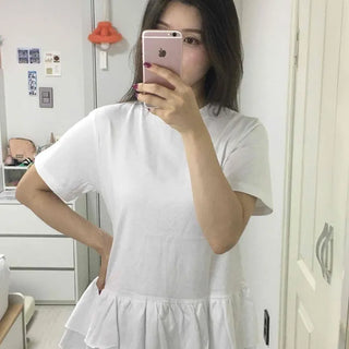 Shirred Frill Loose Fit Pocket Cotton Short Sleeve T-shirt