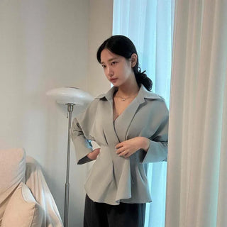 Shirt Collar Pintuck Drape Wrap Flare Delicate Fit Blouse