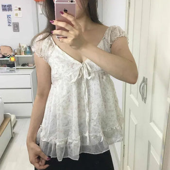 Small Floral Chiffon Frill Shirred Cap Sleeve V-Neck Loose Fit Blouse