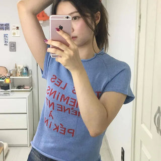 Crop Round Neck Lettering Knit Set Short Sleeve Tee