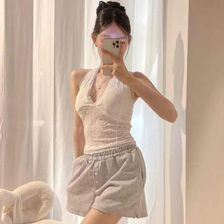 Halter Neck V-Neck Flower Embroidery Lace Punching Built-in Cup Slim Fit Sleeveless