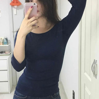 Round Neck Polka Dot Button Three-Quarter Sleeve Slim Fit Long Sleeve T-shirt