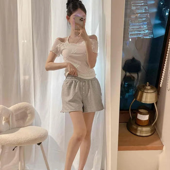 Floral Frill Ribbon Button Elastic Waist Wide Shorts