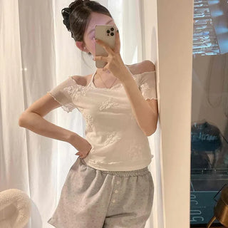 Flower Embroidered Layered Boat Neck Cap Sleeve Modal Crop Short Sleeve Tee