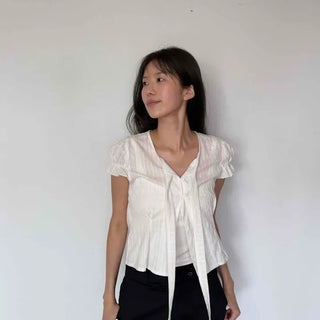 Chiffon V-neck Pintuck Puff Ribbon Tie Crop Blouse