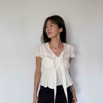 Chiffon V-neck Pintuck Puff Ribbon Tie Crop Blouse