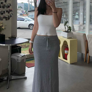 Ribbed Knit String Elastic Low-Rise Maxi Long Skirt