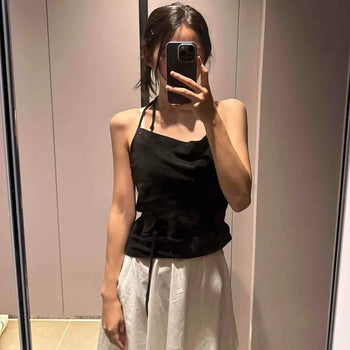 Linen Drape Halter Neck Waist Strap Cinched Ribbon Sleeveless