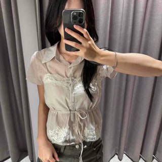 Collar Lace See-through Waist Shirring Strap String Peplum Short Sleeve Blouse