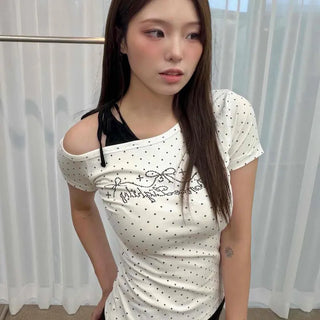 Boat Neck Slim Fit Dot Beads Hotfix Color Block Asymmetrical Short Sleeve T-shirt