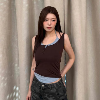 Halter-integrated Contrast Button Layered U-Neck Slim Fit Semi-Crop Sleeveless