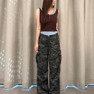 Camo Military Cargo Low-Rise Wide Long Pants