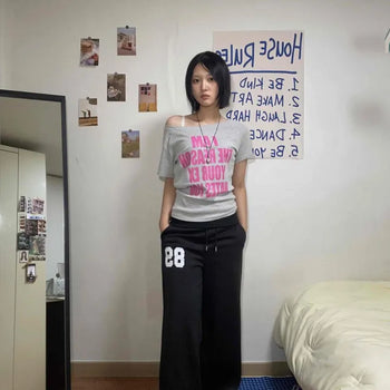 Polyester String Turn-Up Waist Loose Fit Wide Long Sweatpants