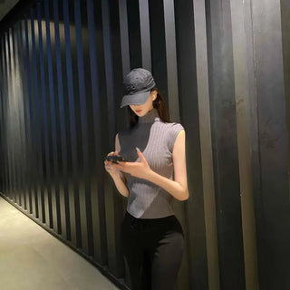 Ribbed Turtleneck Slit Sleeveless Slim Fit Inner Knit