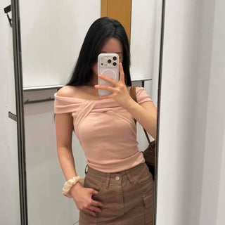 Boat Neck Shirred Slim Fit Spandex Short Sleeve T-shirt