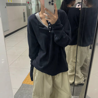 [Flowy Fit/Oversized Fit] Bintz Henley Neck Long Sleeve Tee