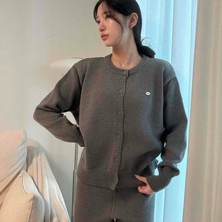 Ribbed Knit Round Neck Button Cardigan Loose Fit Shorts Two-Piece Set