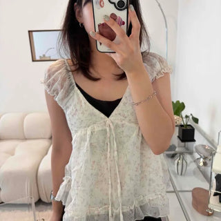 Chiffon Floral Frill Shirred Cap Sleeve V-Neck See-through Blouse