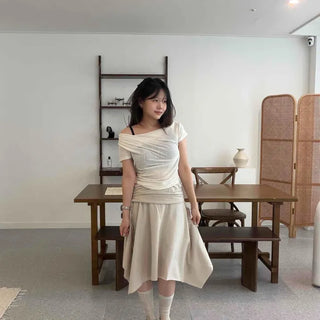 Cotton High-Waisted Side-Shirred Elastic String Layered Asymmetrical Midi Skirt