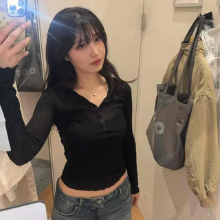 Henley Neck Button See-through Delicate Fit Crop Long Sleeve T-shirt
