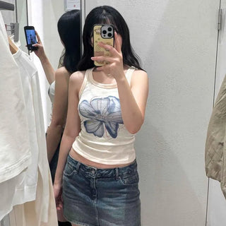 Waterflower Lettering Ribbed Round Neck Semi-Crop Sleeveless