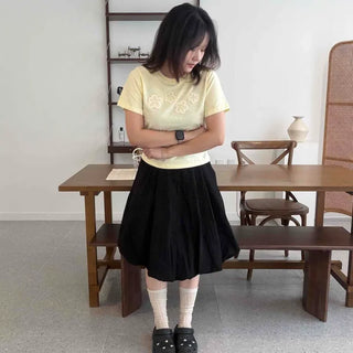 Cotton High-Waisted Button Side Pocket Elastic Flare Midi Skirt