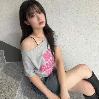Boat Neck Oversized Lettering Cotton Short Sleeve Tee