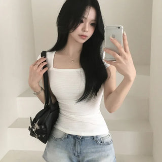 Square Neck Clover Embossed Embroidery Slim Fit Short Sleeve T-shirt