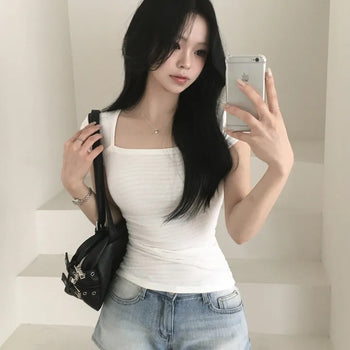 Square Neck Clover Embossed Embroidery Slim Fit Short Sleeve T-shirt