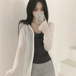 Tencel Wool Ribbed See-through V-Neck Delicate Fit Long Sleeve Cardigan for Transitional Season