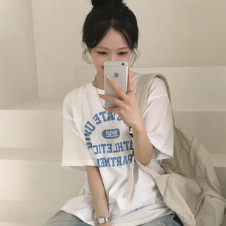 Number Lettering Round Neck Boxy Loose Fit Casual Short Sleeve T-shirt