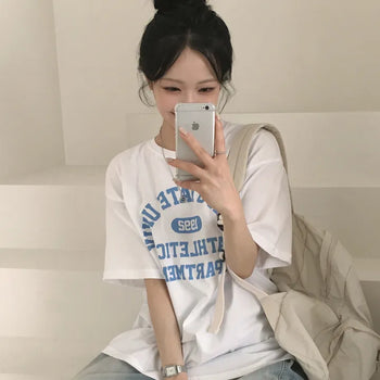 Number Lettering Round Neck Boxy Loose Fit Casual Short Sleeve T-shirt