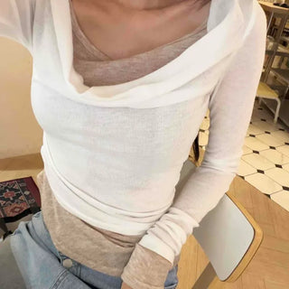 U-Neck Slim Fit Diagonal Shirred Drape Faux Double Layered Wool Tencel Long Sleeve T-Shirt