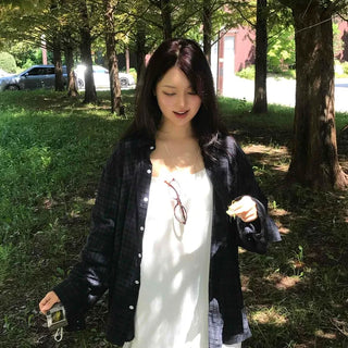 Small Check Deep Color Collared Cotton Oversized Shirt