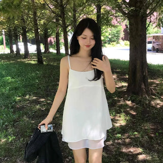 Chiffon Jacquard Double-Layered Frill Adjustable Strap Sleeveless Flare Mini Dress