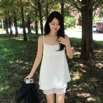 Chiffon Jacquard Double-Layered Frill Adjustable Strap Sleeveless Flare Mini Dress