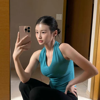 Halter Neck V-Neck Stretch Line Layered Sleeveless Top