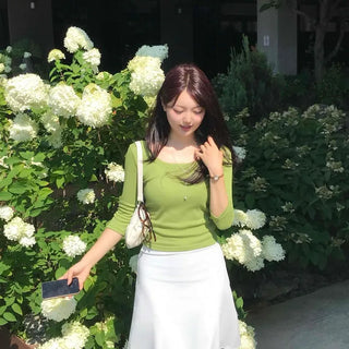 3/4 Sleeve Round Neck Pintuck Delicate Fit Stretchy Spandex Vivid Color Short Sleeve T-shirt
