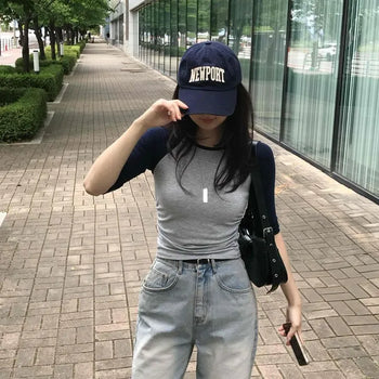 Raglan Contrast Roll-up Waist Shirring Slim Fit 3/4 Length Round Neck Short Sleeve T-shirt