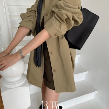 Beton Field Half Coat, Loose Fit Flap Pocket Single Trench Midi Coat 2 Colors