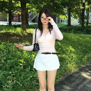 See-through Ribbed Button Henley Neck Delicate Fit Slim Fit Long Sleeve T-shirt