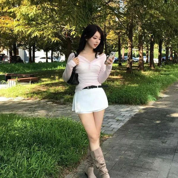 Belt Set Wrap High-Waisted A-Line Side-Slit Wool Skort Mini Skirt