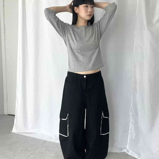 Cargo Pocket Drawstring Loose Fit Wide Long Pants