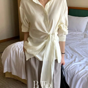 Release Waist Tie Blouse, Ribbon Tie Shirt Wrap Long Sleeve Blouse Wedding Guest Look 3 Colors