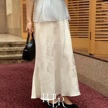 Romance Silk Skirt, Subtle Floral Jacquard Pattern Silk Flare A-Line Skirt, 2 Colors