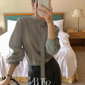 Sage Tie Blouse, Neck Hole Slit Tie Ribbon Scarf Long Sleeve Autumn Top 3 Colors