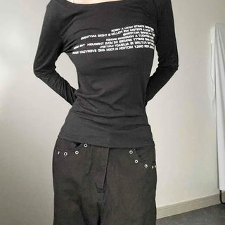 Boat Neck Lettering Print Slim Fit Long Sleeve T-shirt