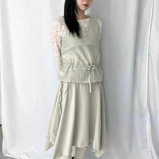 High-waisted Side-Shirred Elastic String Layered Cotton Asymmetrical Midi Skirt