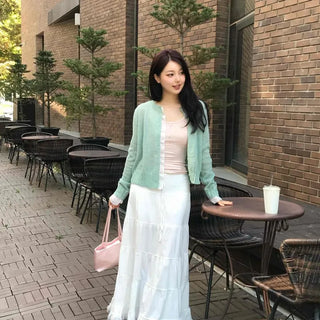 Lace Tiered High-Waisted Loose-Fit Long Skirt with Elastic Back